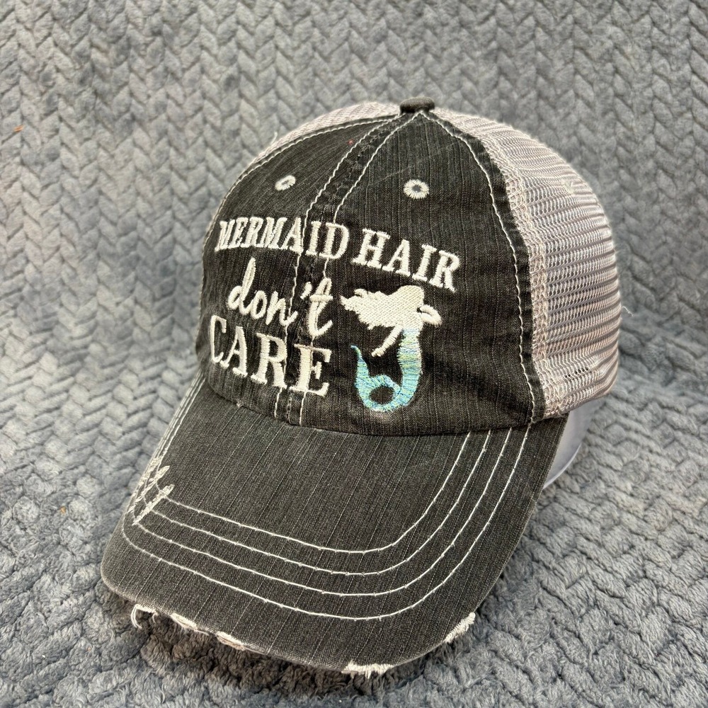 Katydid Mermaid Hair Don't Care Trucker Hat Black Grey Distressed Mesh Cap 0870